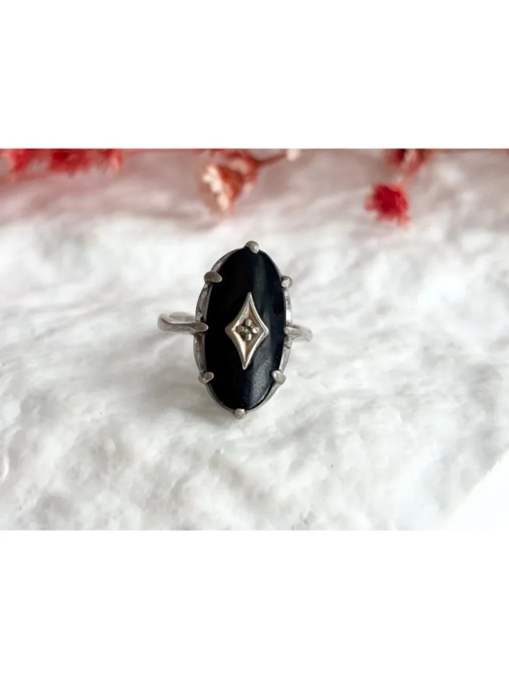 Art Deco Black Onyx Gemstone Oval Sterling Silver 925 Vintage Ring - sz 7